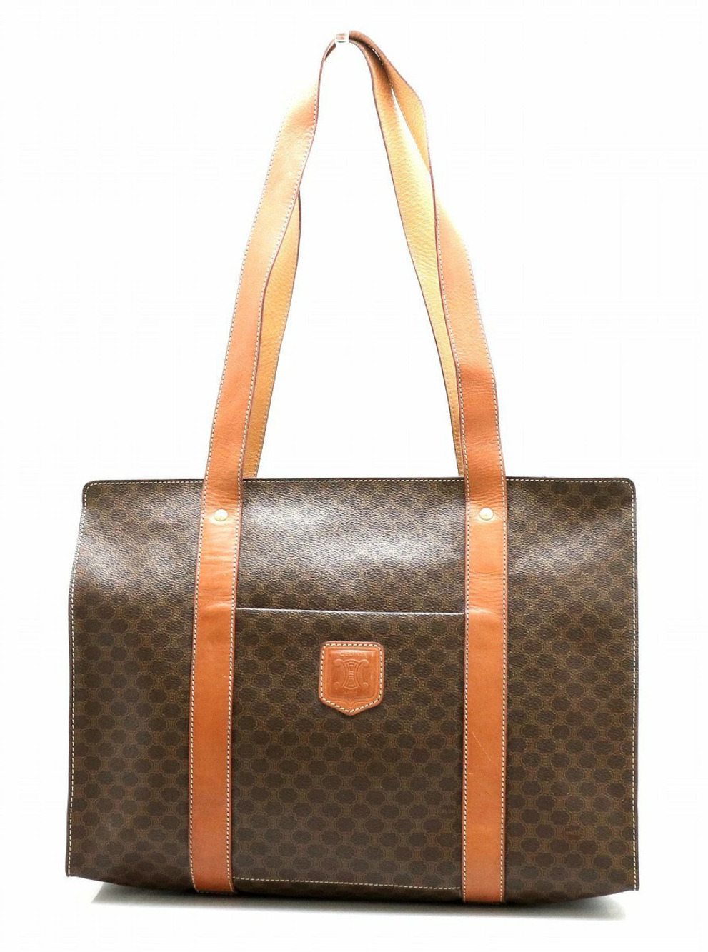 Celine Macadam Tote Bag Shoulder Strap Leather Brown Dark